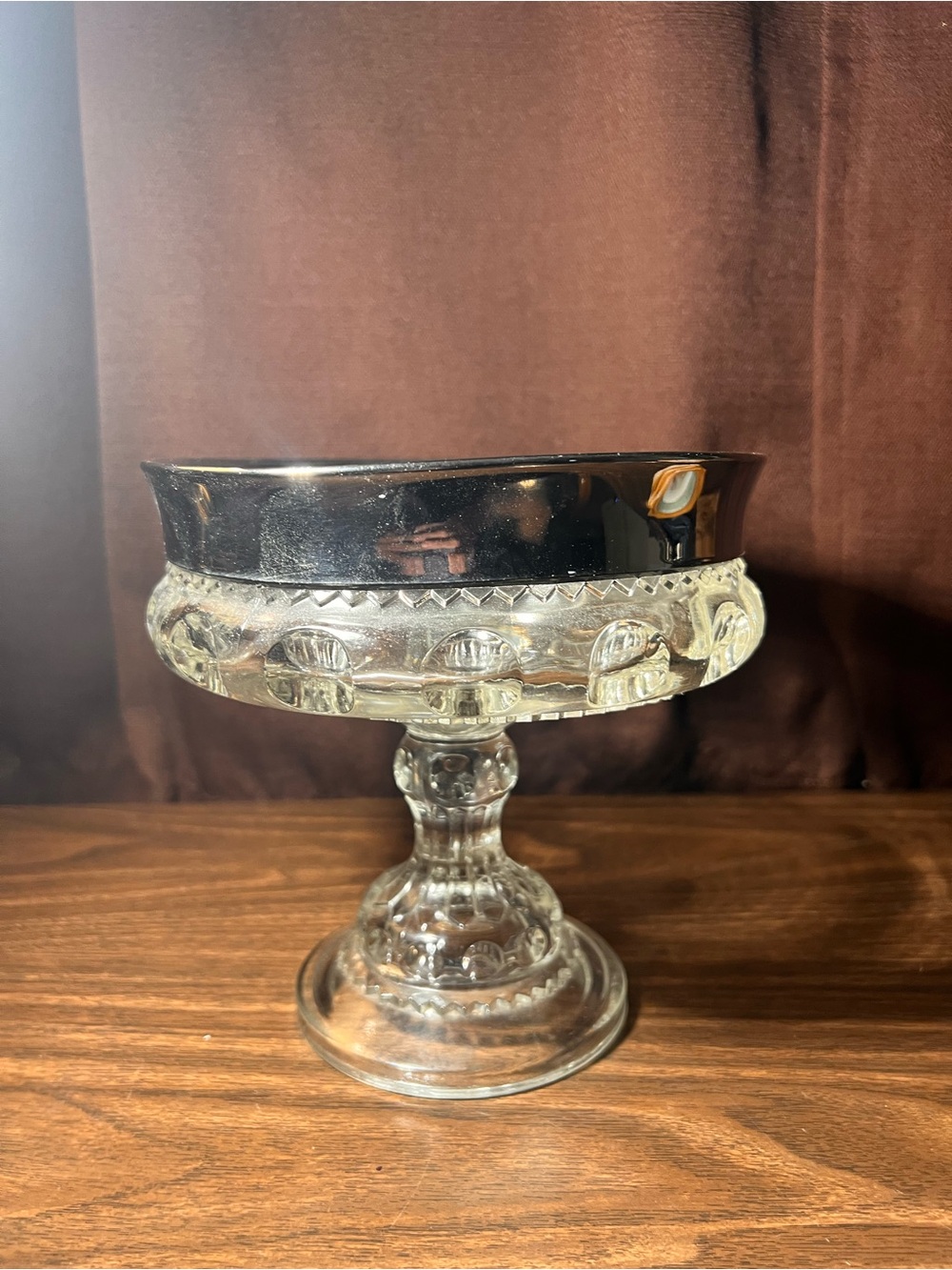 Indian Glass-Silver  Rim Clear Glass Compote Pedestal Dish